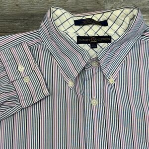 Vintage 90s Tommy Hilfiger‎ Blue Purple Micro Striped Mens XL Button Down Shirt